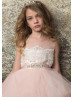 Beaded Blush Pink Lace Tulle Layered Flower Girl Dress